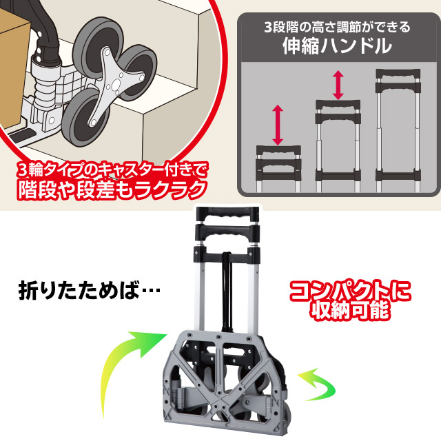 3輪タイプのキャスター付きで階段や段差もラクラク
