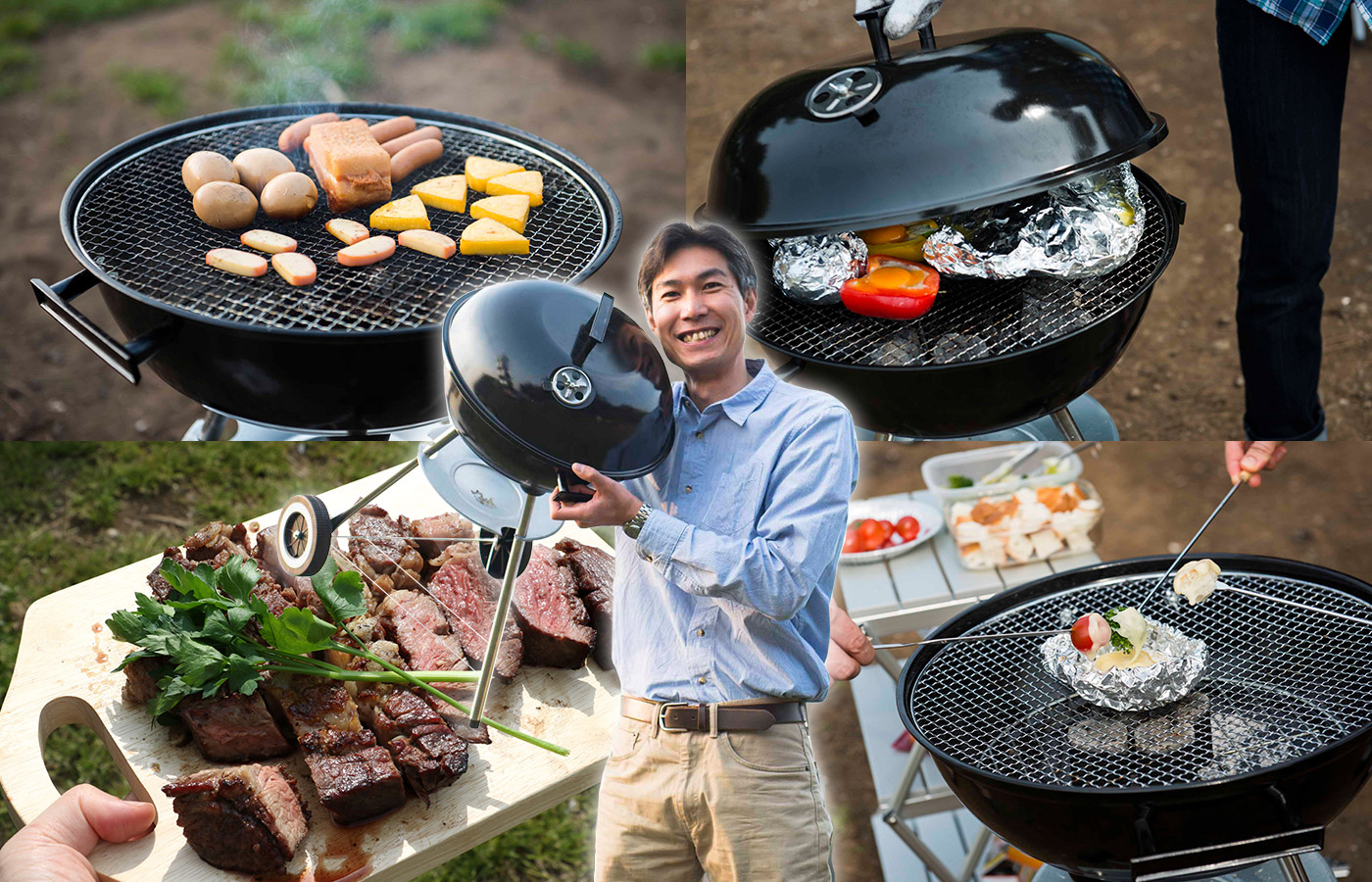 バーベキュー グリル コンロ 蓋付き 薪 ストーブ 焚き火 キャンプ アウトドア 炭 丸型 燻製器 スモーク BBQ お花見 調理 暖房 秋冬  od318 超美品