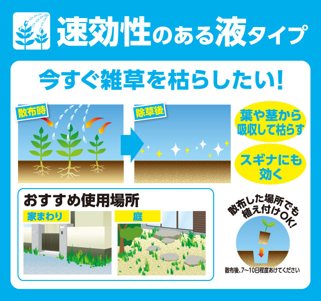 速効性がある液剤タイプの除草剤
