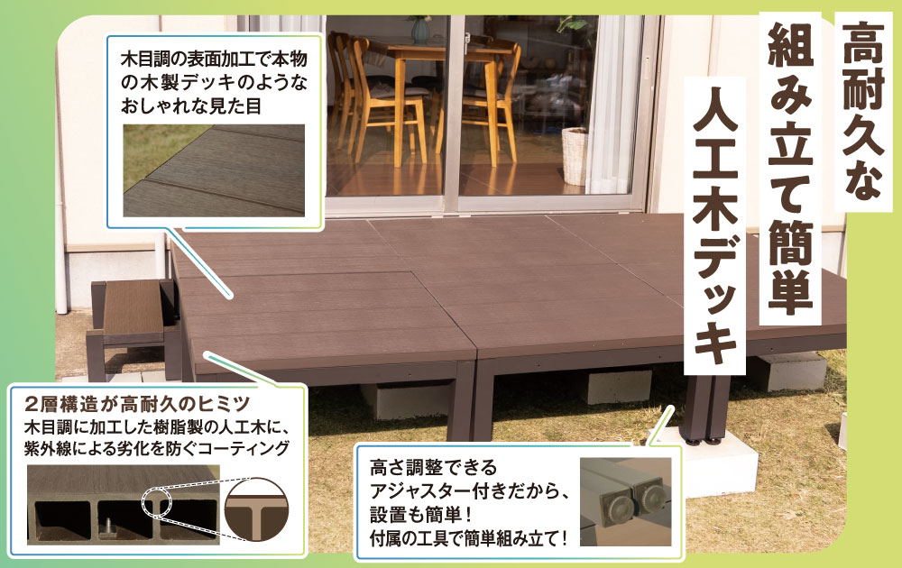手軽に組み立てができ、耐久性に優れた人工木デッキ