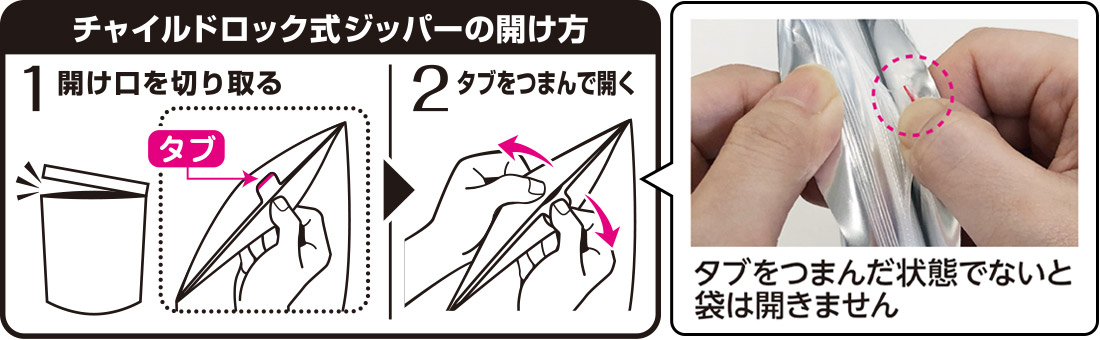 タブをつまんだ状態でないと袋は開きません