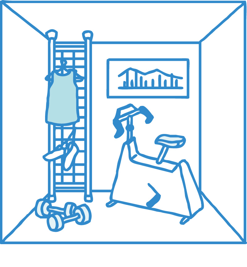 健康器具を集めてトレーニングルームに。