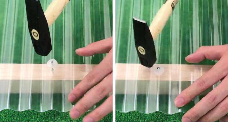 向きや重なり方に注意し、傘釘をうっていきます。