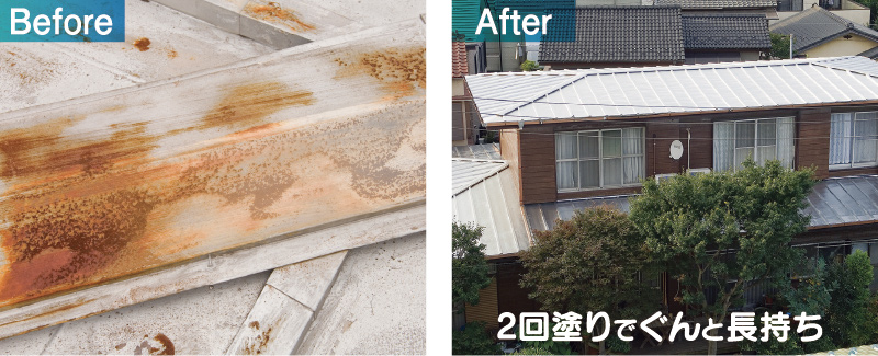 最後に、はしごを掛けた瓦棒の間を上から下へ塗ります。