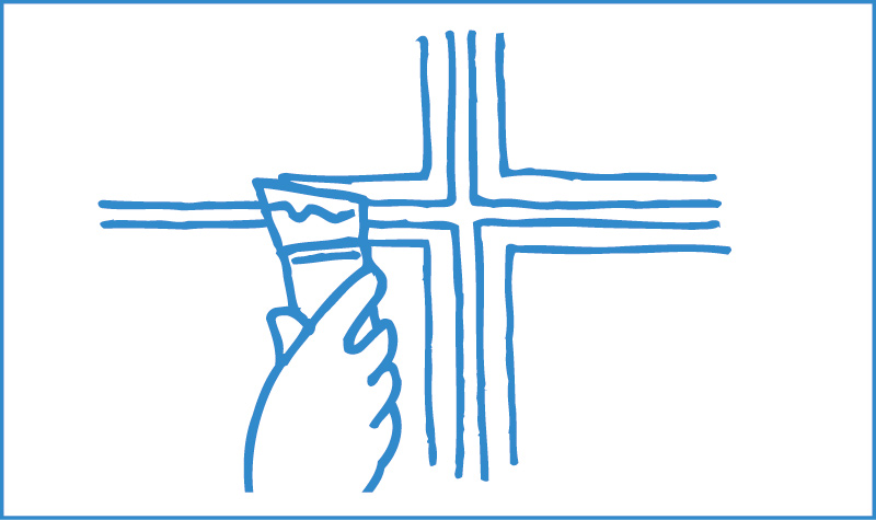 2. 金ベラで目地沿いにパテを押し付けるように埋めていきます（1回につき15～20cm）。