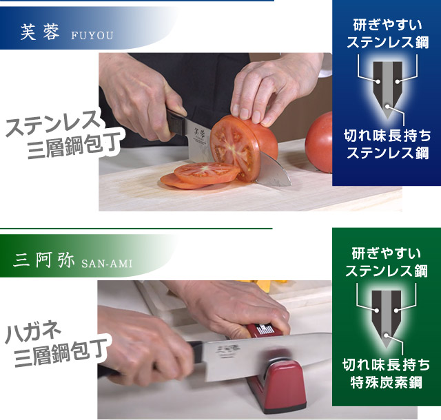 ステンレス三層鋼包丁とハガネ三層鋼包丁
