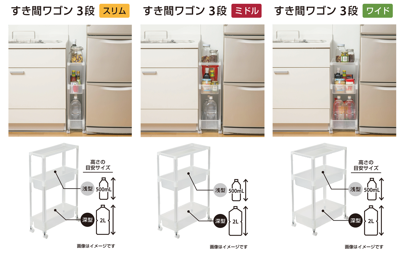 すき間ワゴン3段スリム、ミドル、ワイド